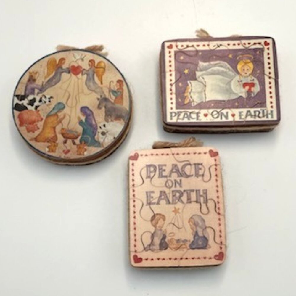 Vintage Wooden Mini‎ Puzzle Set of 3 Folk Art Christmas Seasonal Holiday